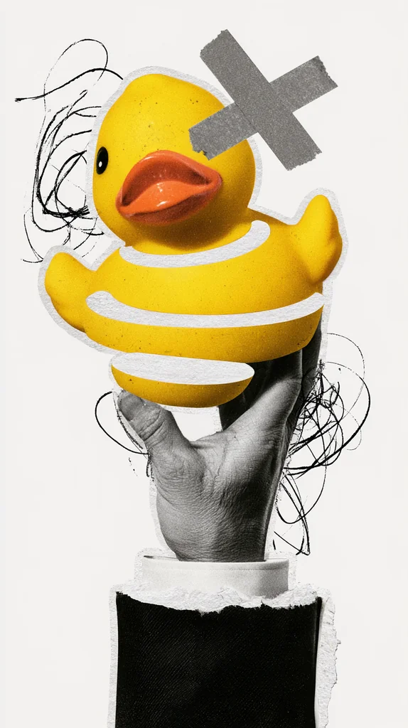 Grayscale hand in a suit sleeve holding a sliced yellow rubber duck with a taped X and scribbles