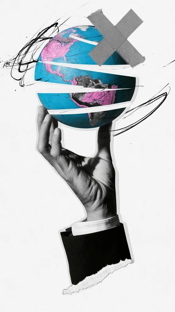 Grayscale hand in a suit sleeve holding a sliced blue globe with a taped X and scribbles