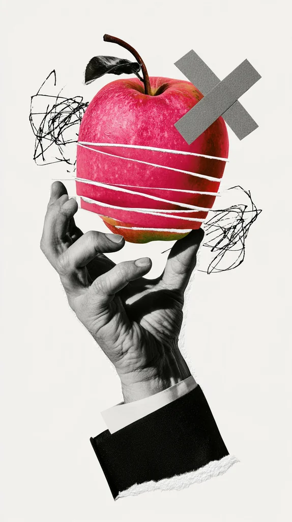 Grayscale hand in a suit sleeve holding a sliced red apple with a taped X and scribbles