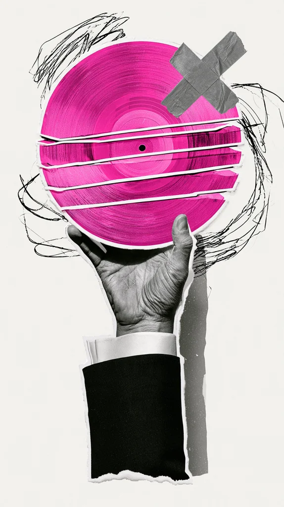 Grayscale hand in a suit sleeve holding a sliced purple vinyl record with a taped X and scribbles