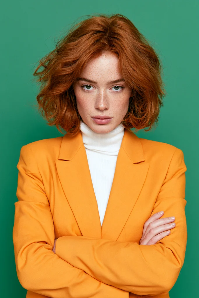 Young red-haired woman in a mustard suit jacket and white turtleneck, arms crossed, green studio