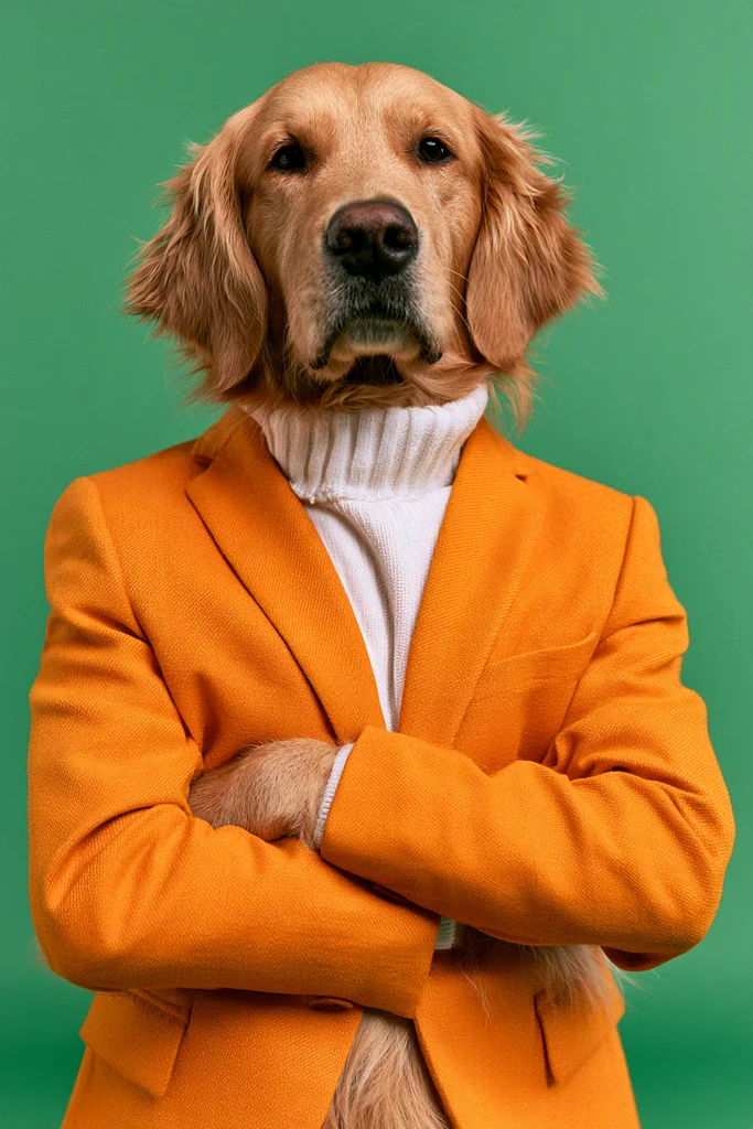 Golden retriever in a mustard suit jacket and white turtleneck, arms crossed, green studio
