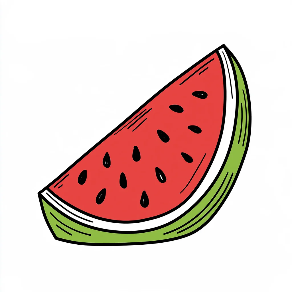 A watermelon slice doodle with a thick black outline and flat colors on white
