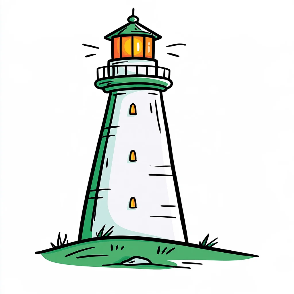 A lighthouse doodle with a thick black outline and a shifted flat fill on white