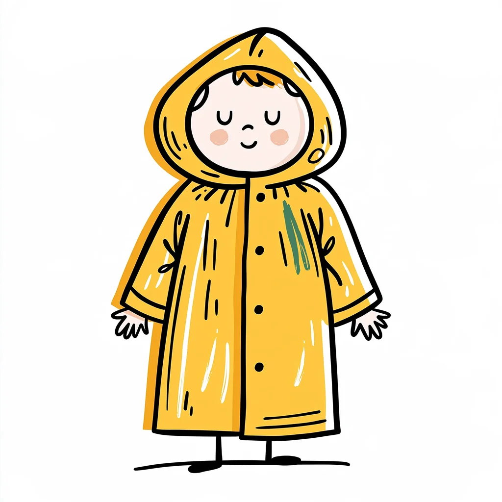 A figure in a yellow raincoat doodle with a thick black outline offset from its flat fill on white