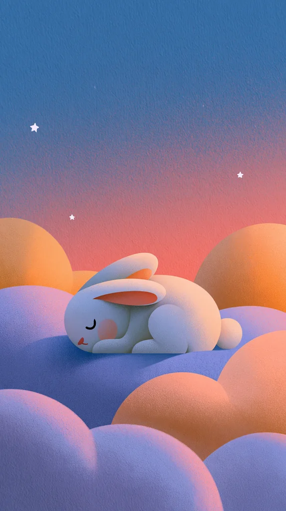A sleeping bunny on grainy purple and peach clouds under a dusk blue sky with small stars