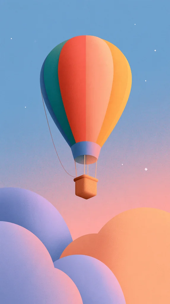 A striped hot air balloon above soft peach and purple clouds in a storybook sky