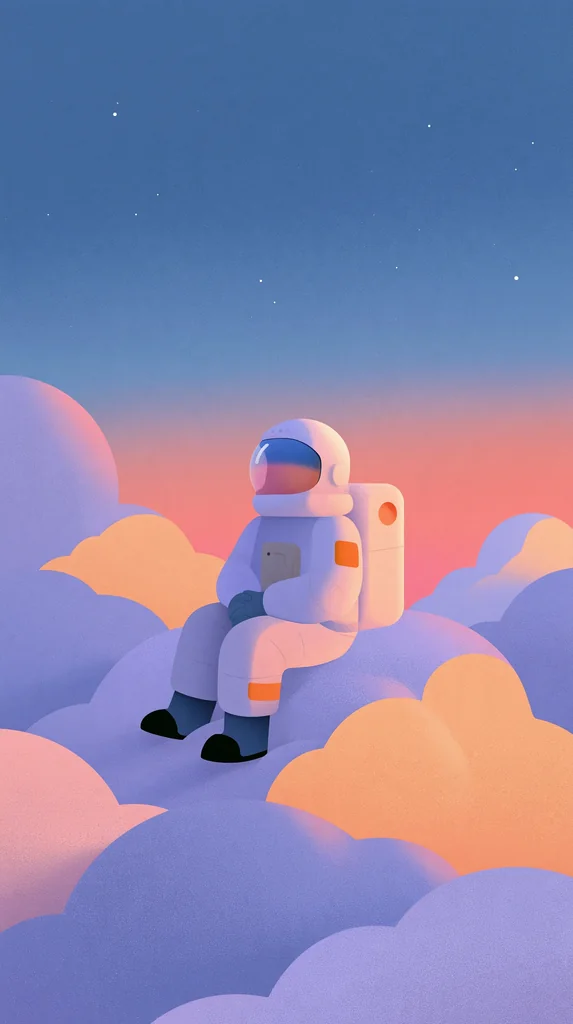 A tiny astronaut sitting on purple and peach clouds in a soft storybook sky