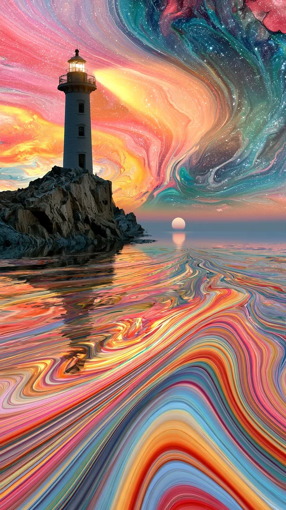 A lighthouse on a rocky cliff under a swirling marbled sunrise, rainbow ribbon water