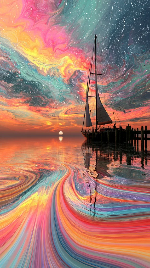 A sailboat near a wooden pier under a swirling marbled sunrise, rainbow ribbon water