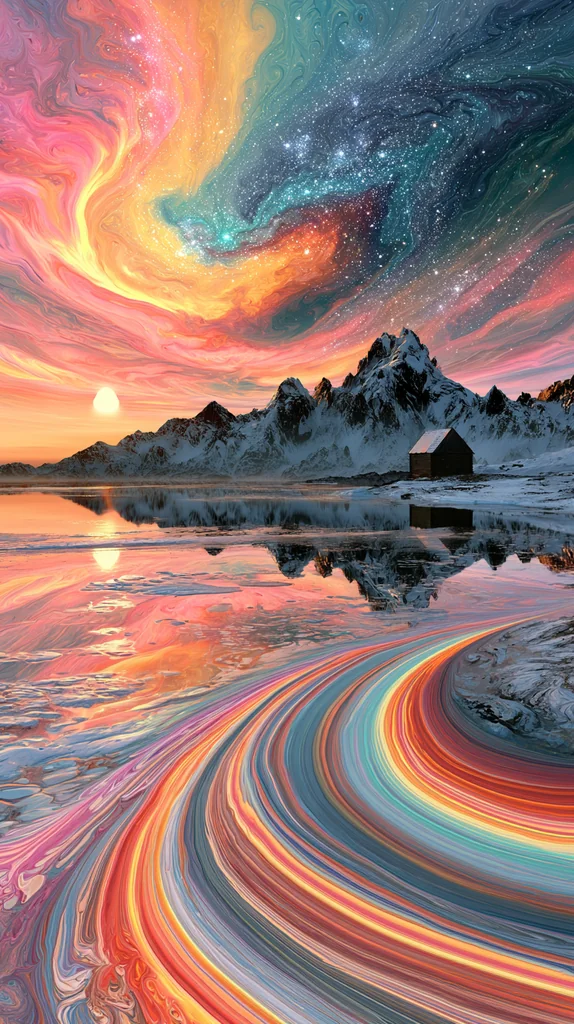 A snowy mountain range with a cabin under a swirling marbled sunrise, rainbow ribbon water