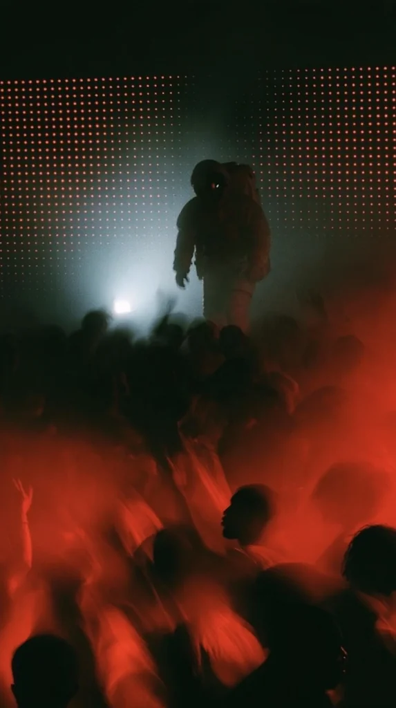 An astronaut silhouette under a white strobe above a motion-blurred red crowd