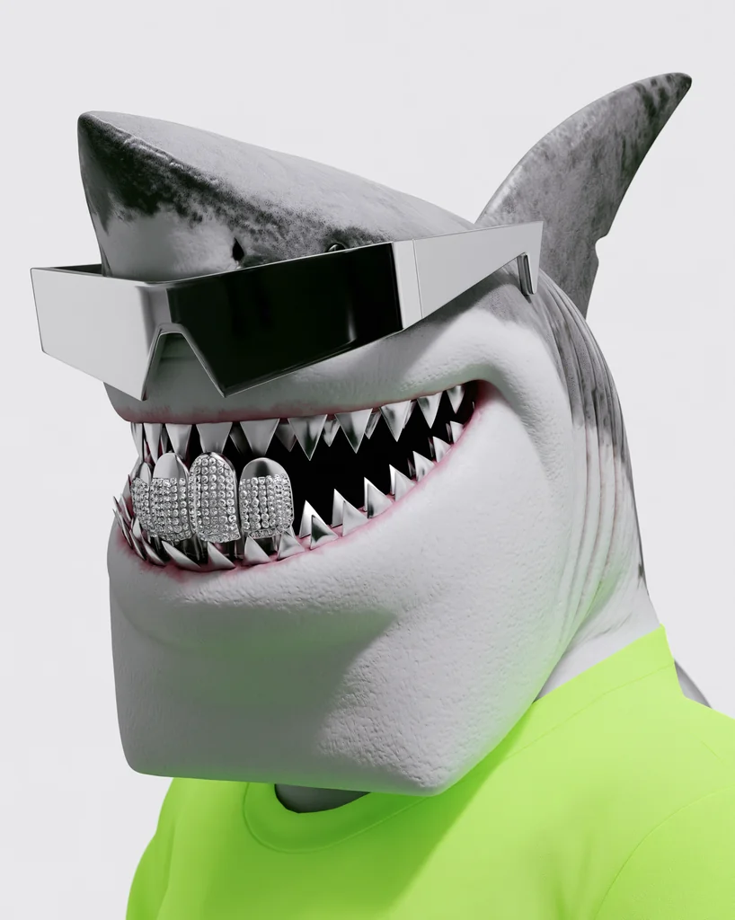 A 3D caricature shark with silver wraparound sunglasses, diamond grillz and a neon green t-shirt