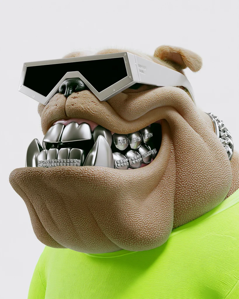 A 3D caricature bulldog with angular silver shades, silver teeth and a neon green t-shirt