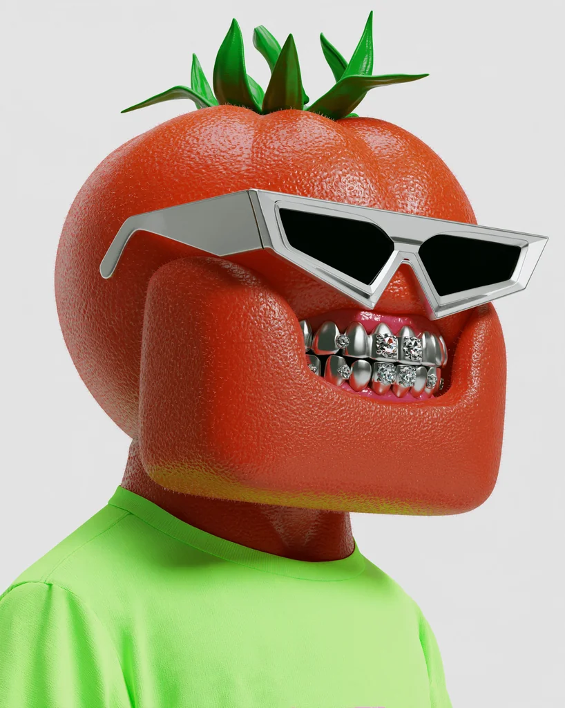 A red tomato character with a huge jaw, silver sunglasses and silver teeth in a neon green t-shirt