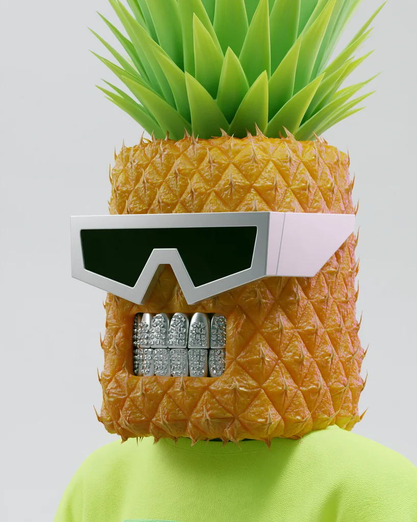 A pineapple character with silver sunglasses and a silver grill in a neon green t-shirt