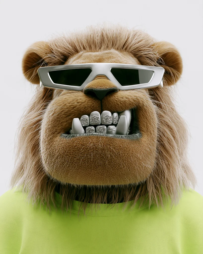 A 3D caricature lion with silver sunglasses, silver teeth and a neon green t-shirt on white