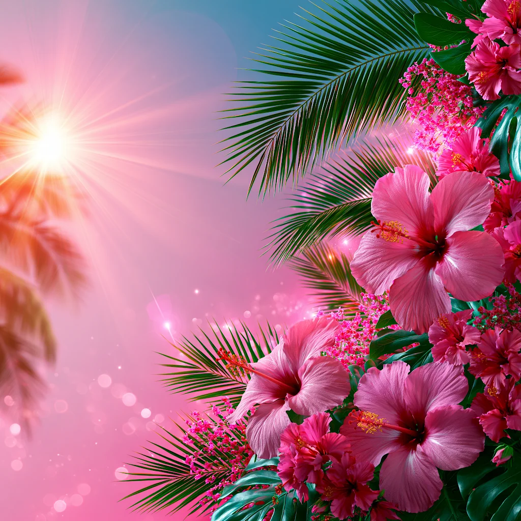 Pink hibiscus and palm fronds massed on the right of a glowing pink sky with a sun flare, flyer background