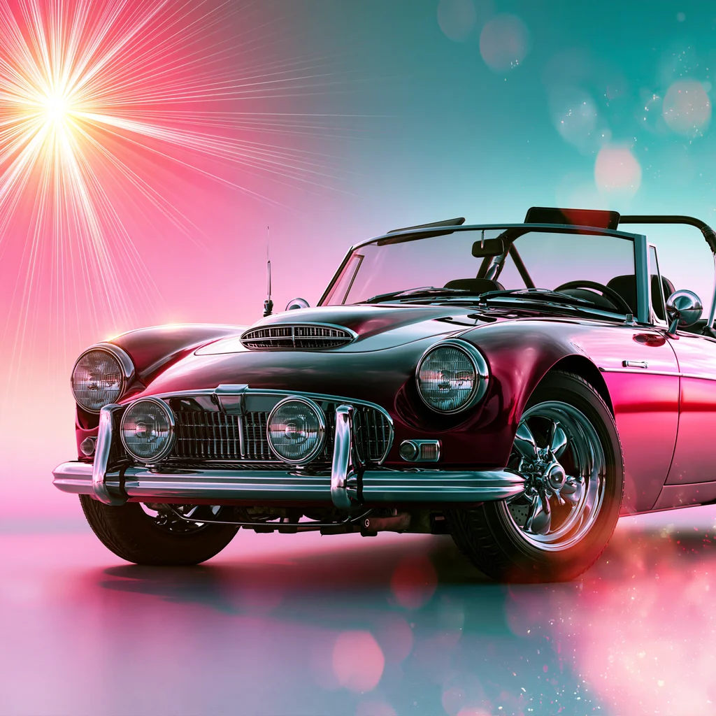 A vintage convertible car on a glowing pink flyer backdrop with a sun flare