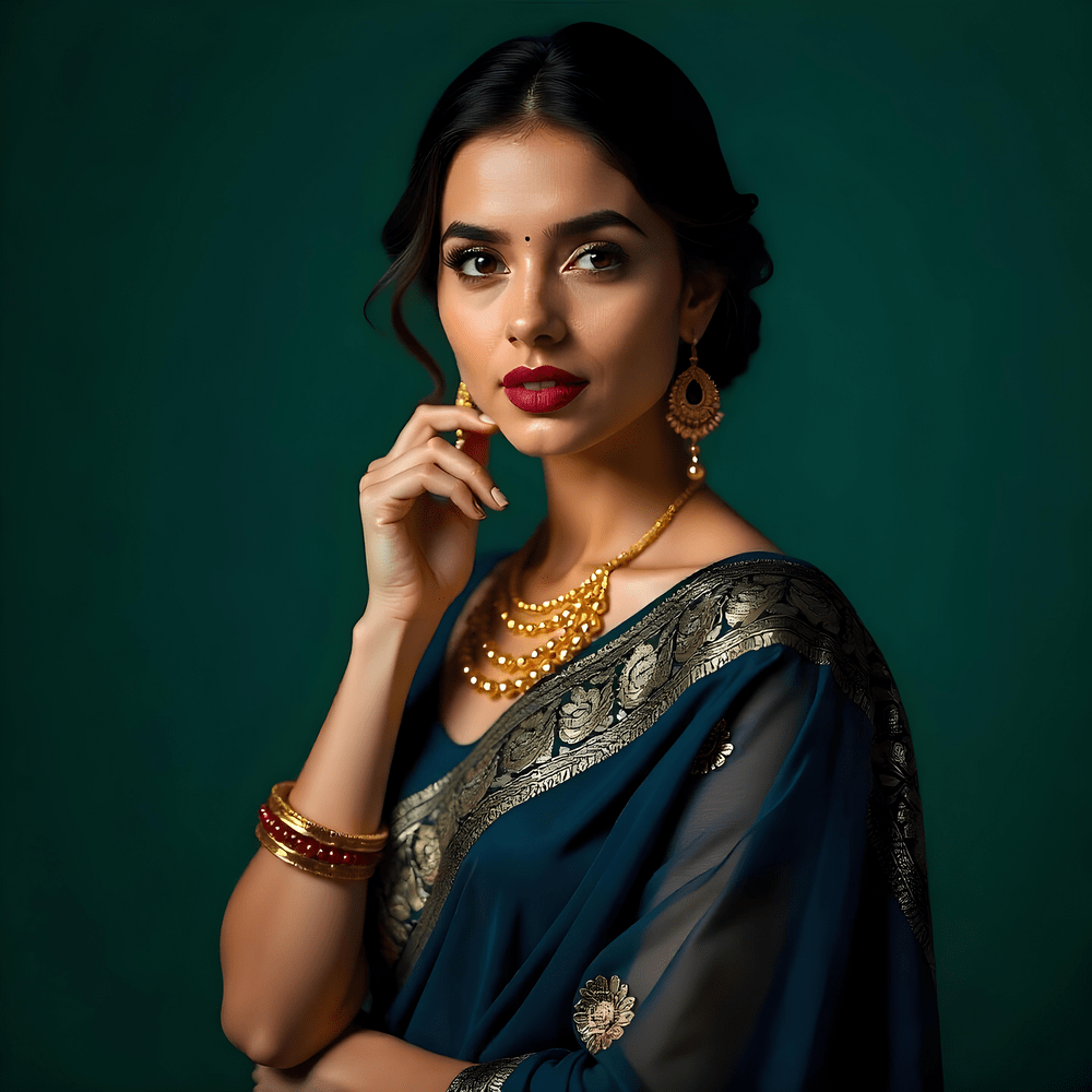Young woman in traditional dark green sari