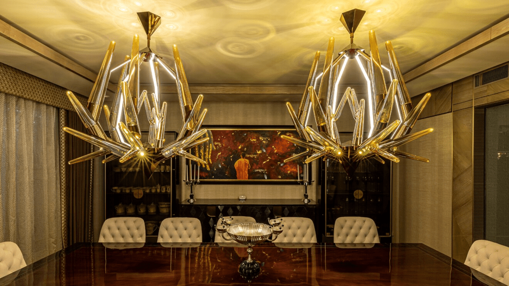 Luxurious Modern Dining Room with Artistic Light Fixtures