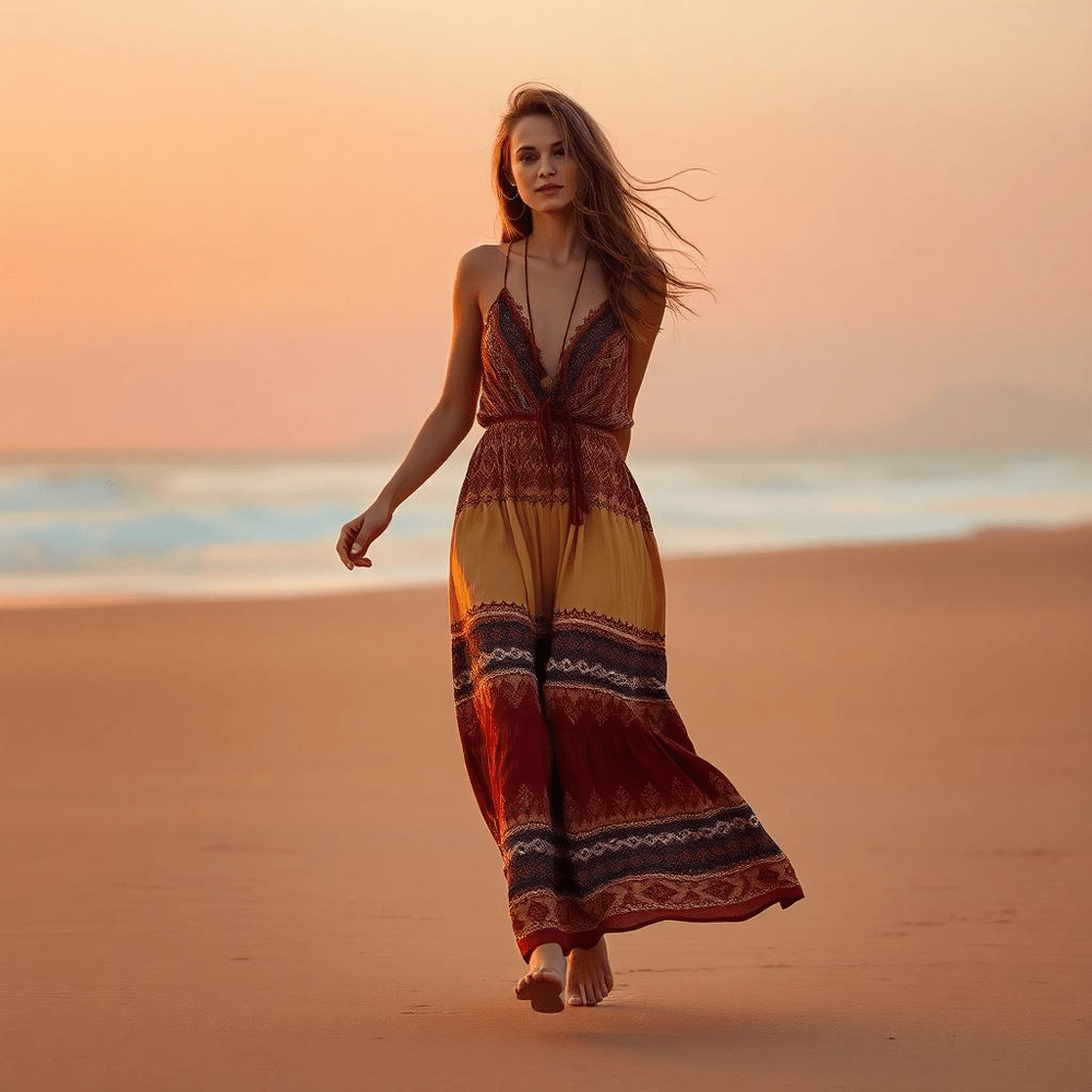 Beautiful Woman in Bohemian Dress Walking on Beach at Sunset