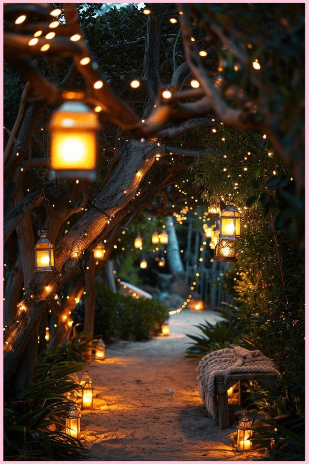Enchanting Pathway with Lanterns at Dusk