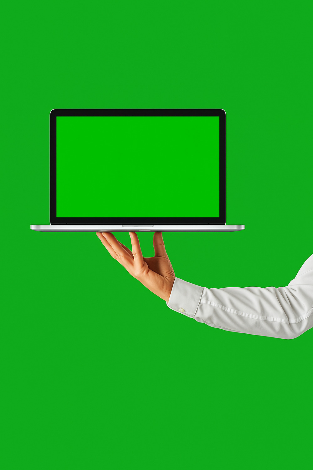 Hand Holding Laptop with Green Screen