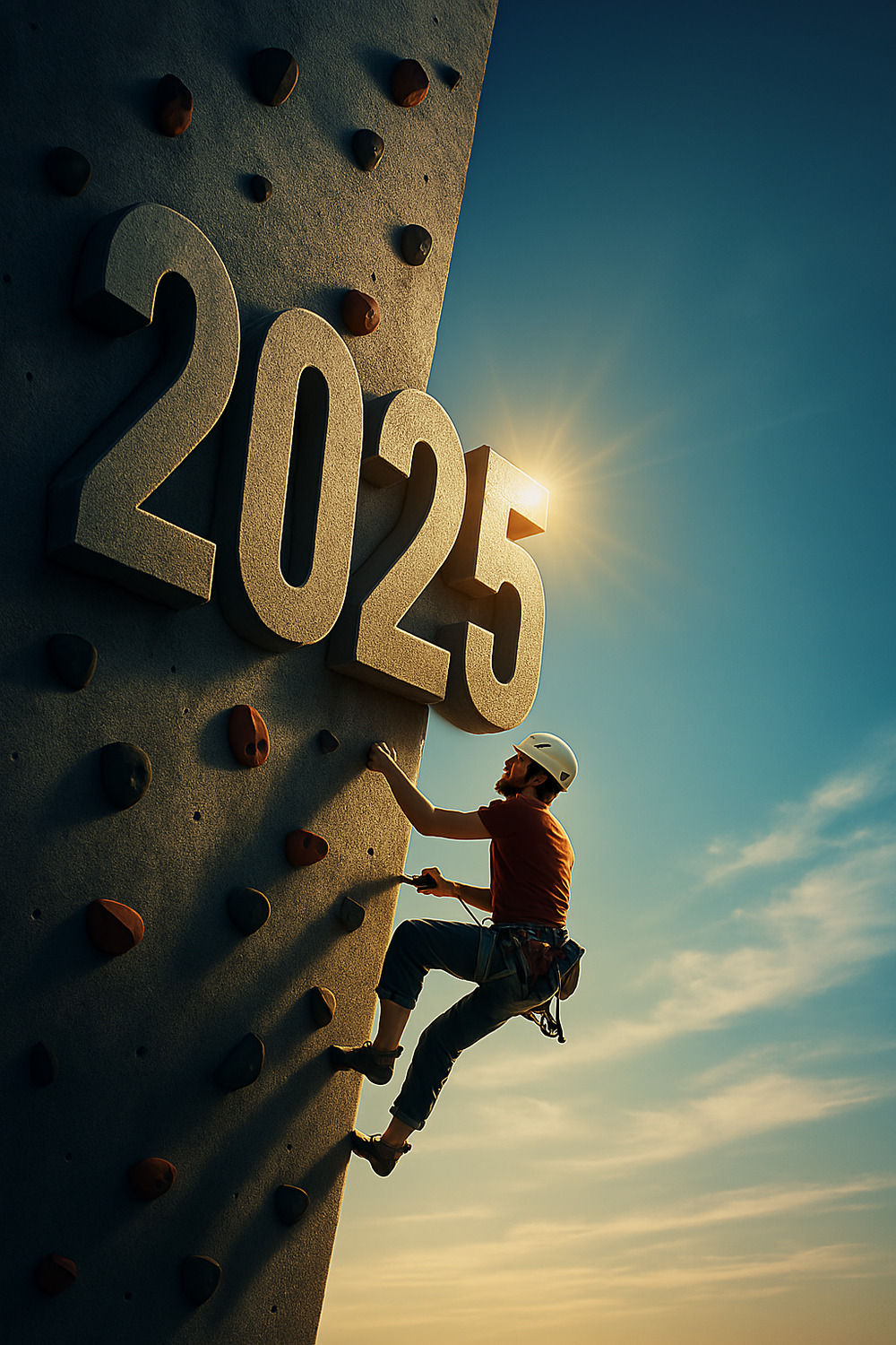 Climber Scaling a Rock Wall with the Year 2025