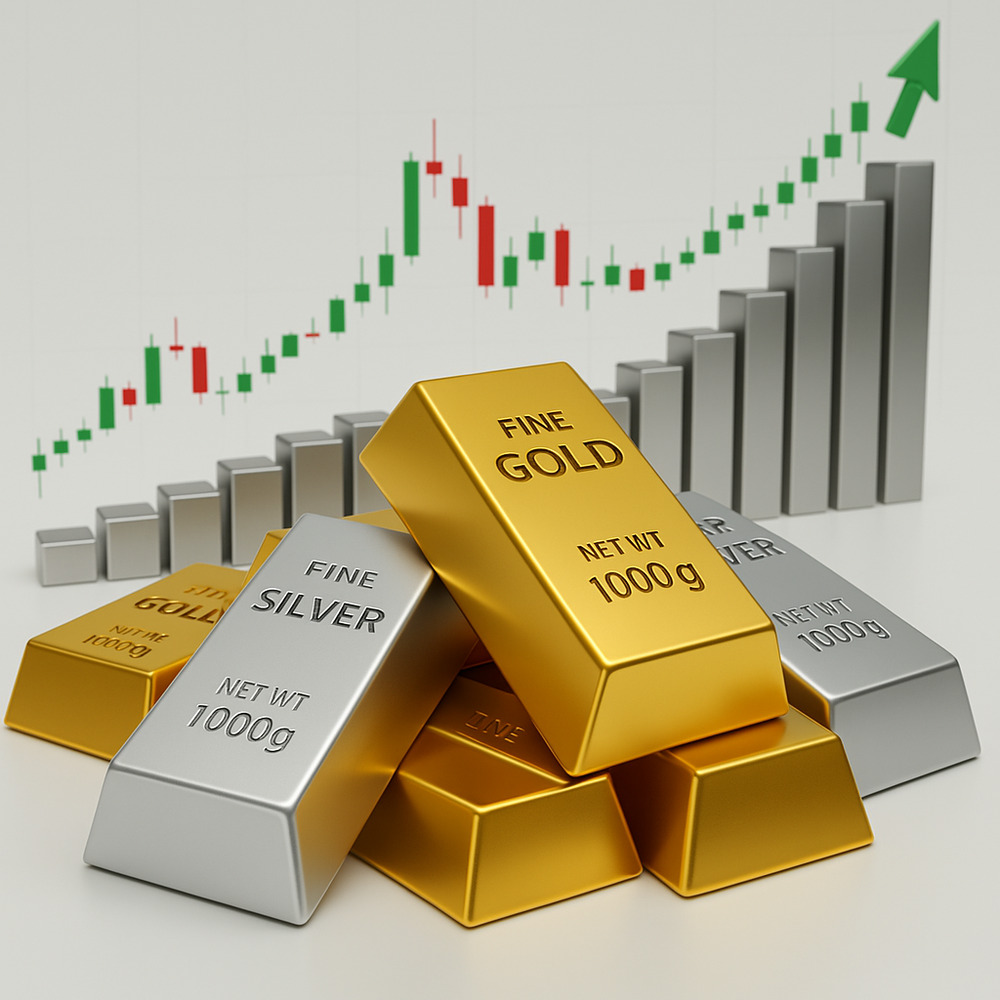 Gold and Silver Bullion with Rising Market Graph