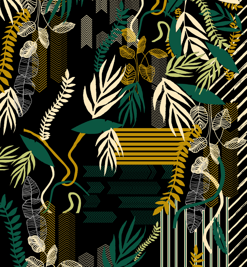 Tropical Foliage Pattern on Black Background