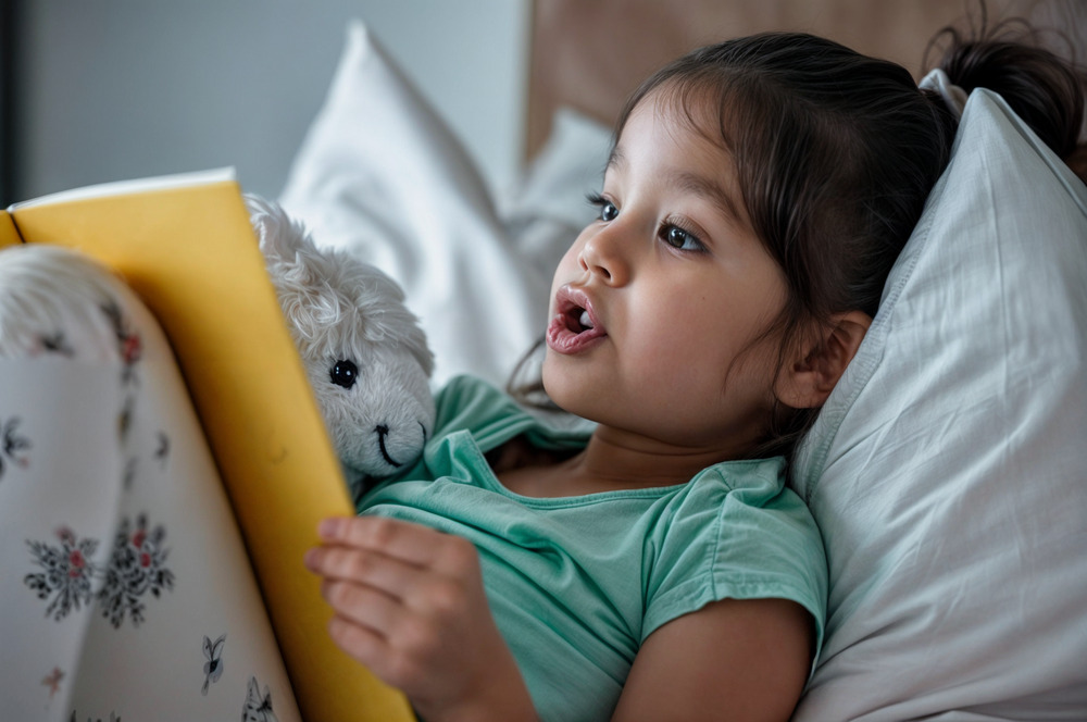 Shot of a little girl reading a book while lying on her bed stock photo
