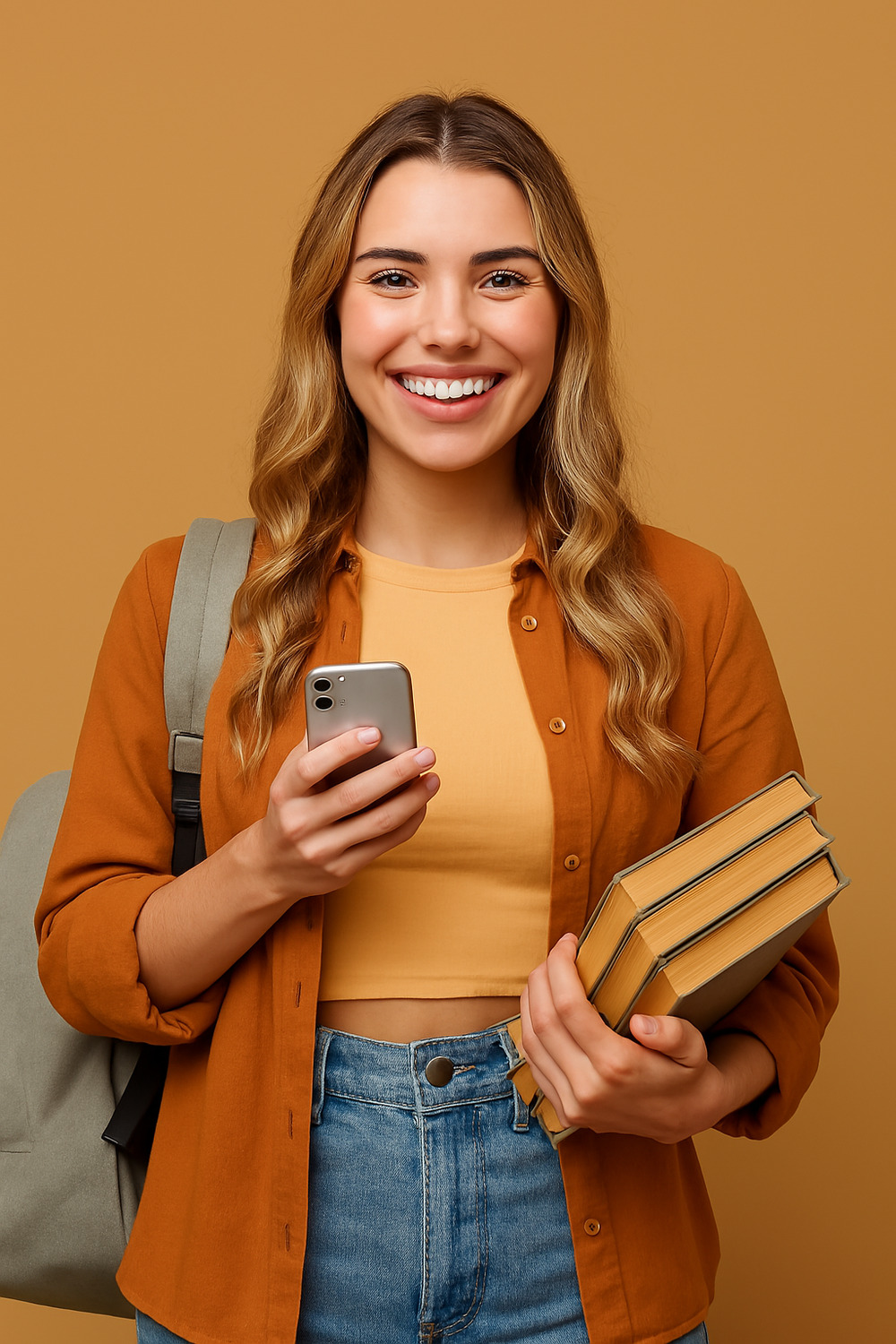 Cheerful Student with Books and Smartphone