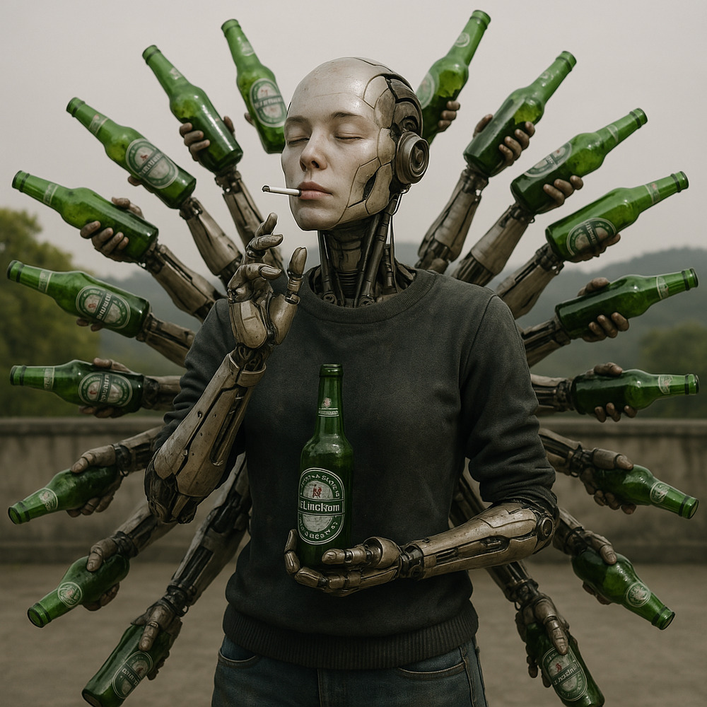 Futuristic Robot Woman with Bottles