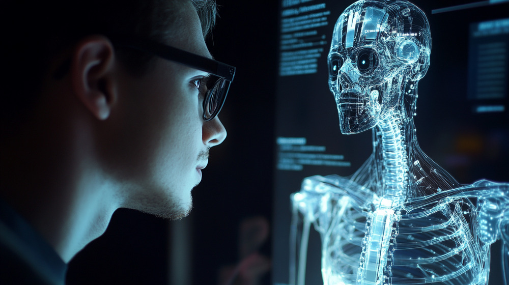 a man looking at a computer screen with a skeleton on it
