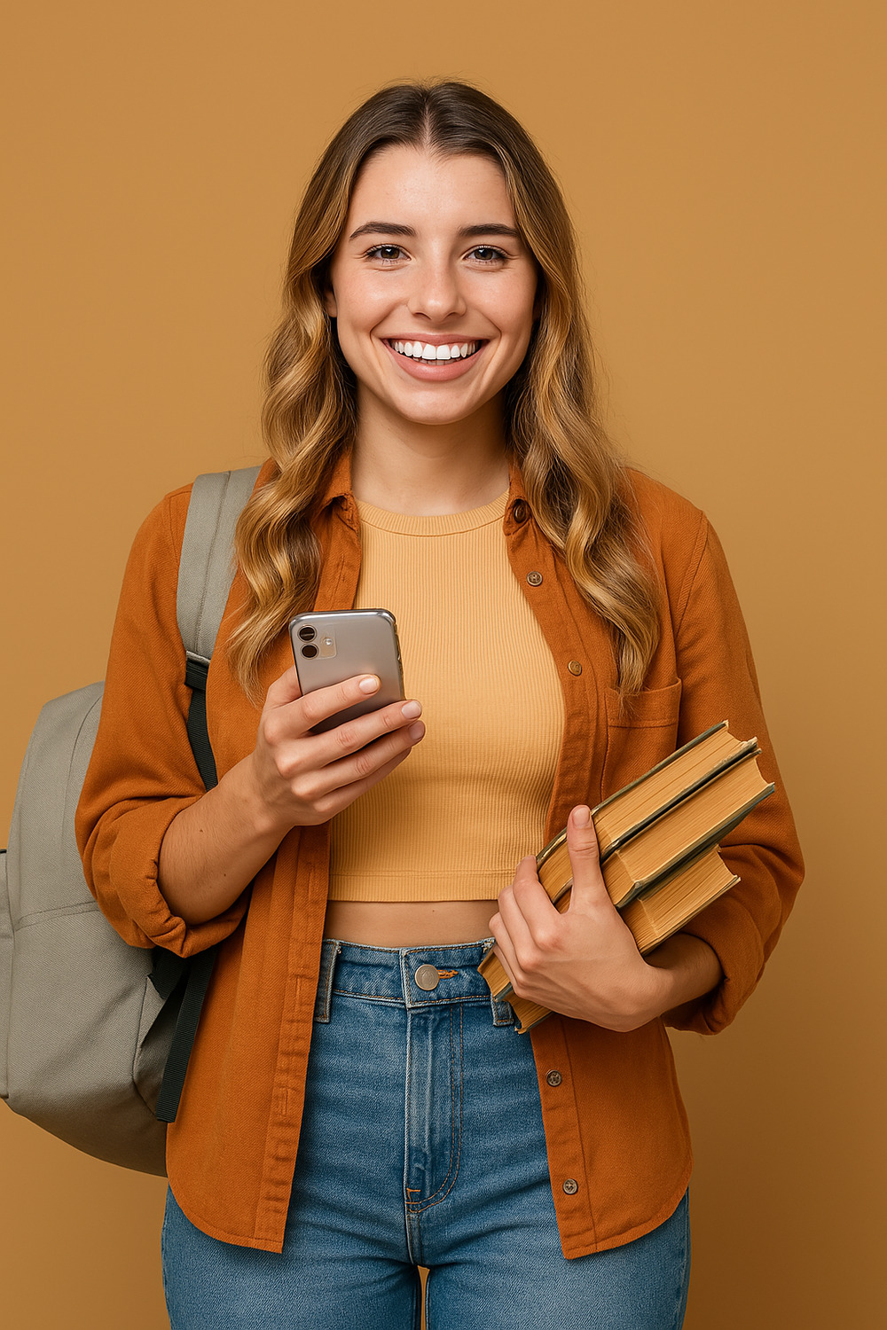 Cheerful Student with Books and Phone