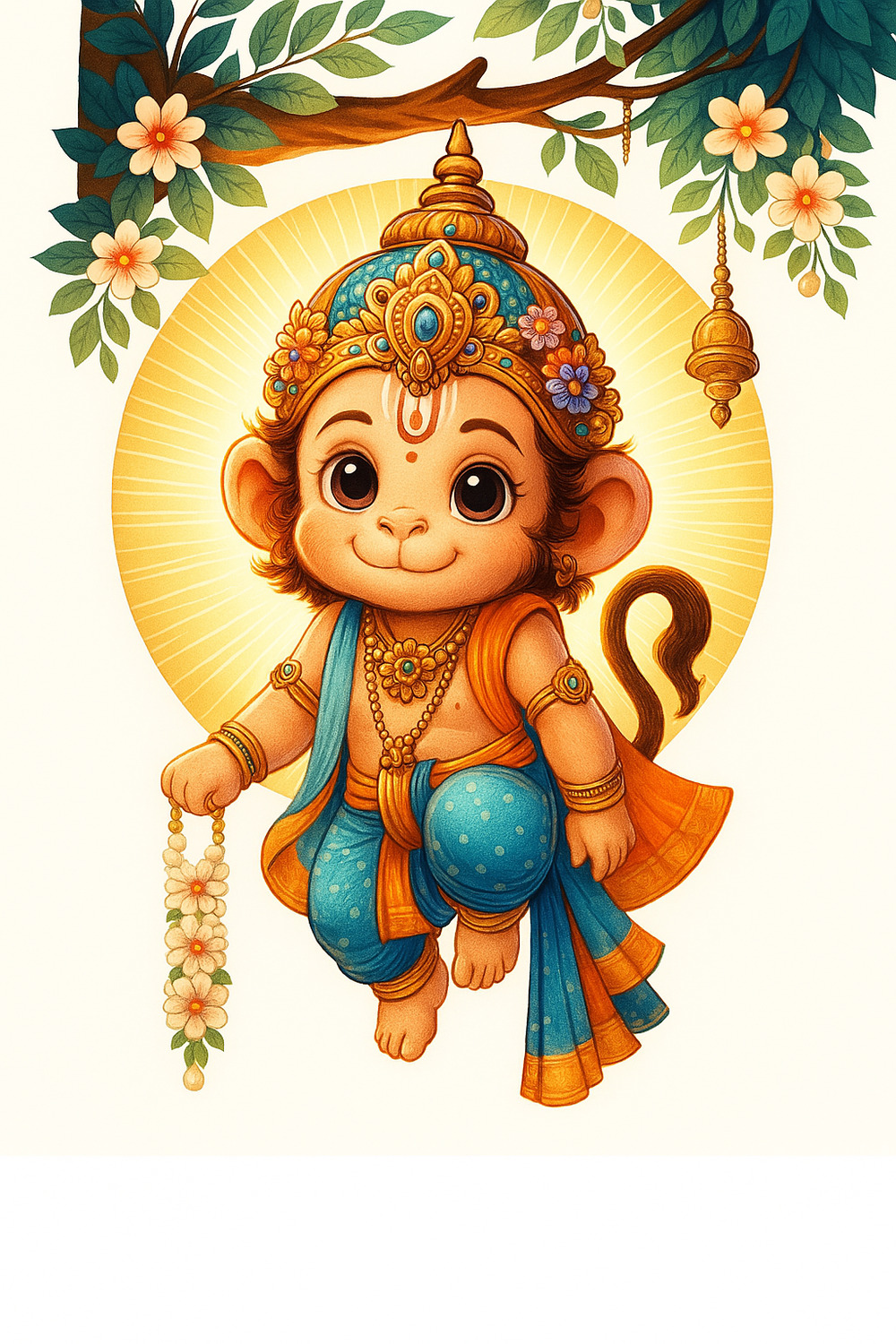 Cute Bal Hanuman Hanging from Tree in Indian Style Art