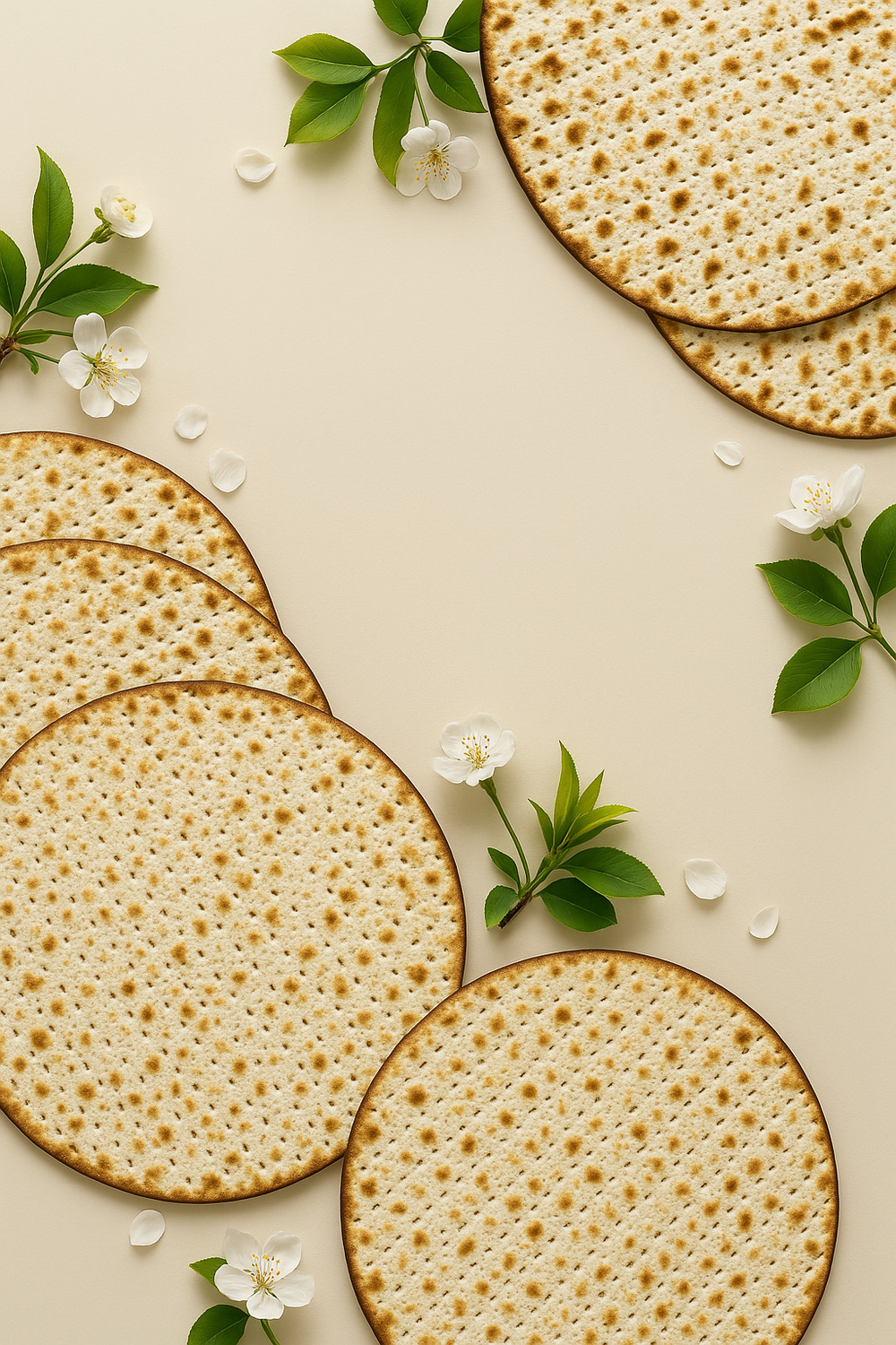 Top View of Round Passover Matzahs with Flowers