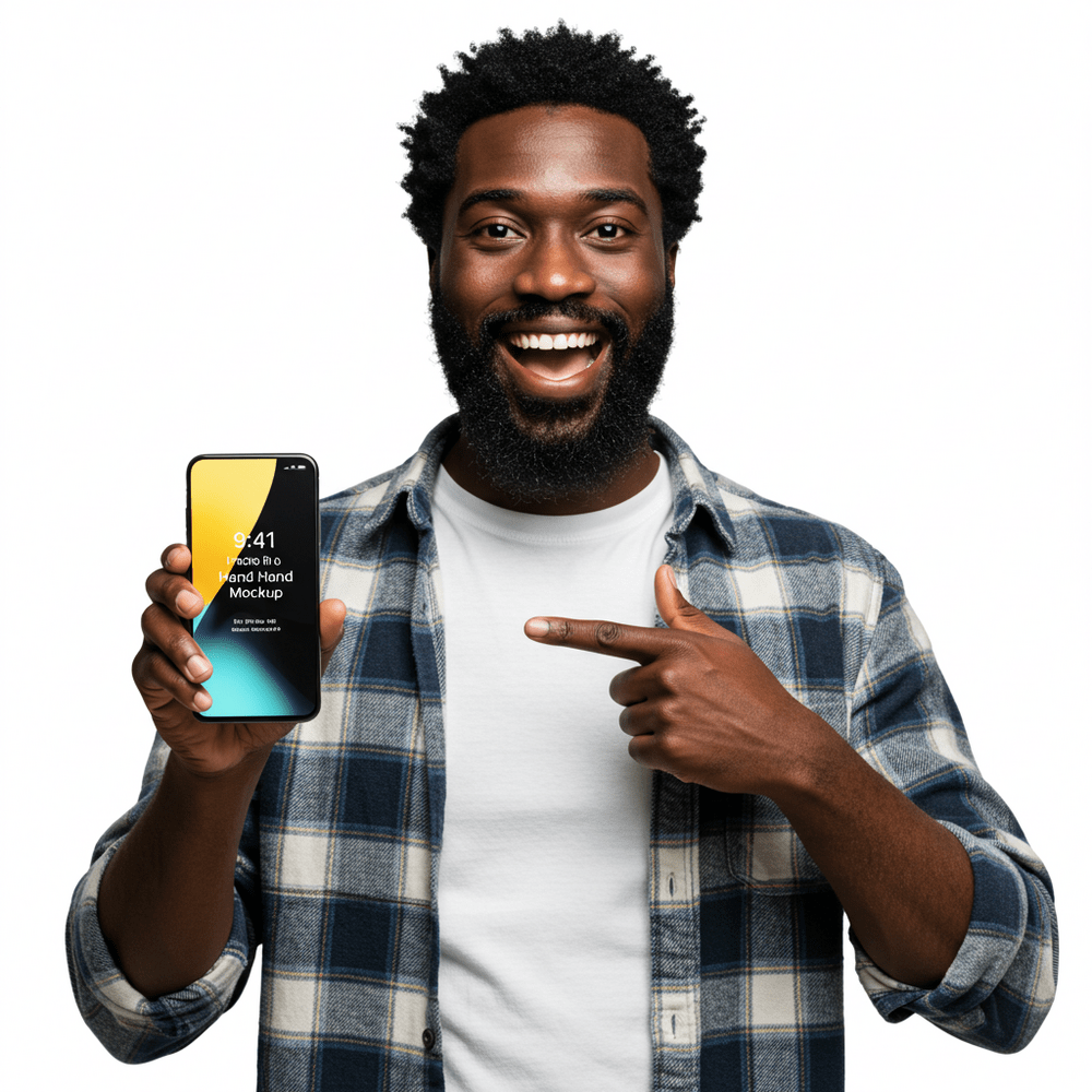 a man holding a cell phone and pointing at it