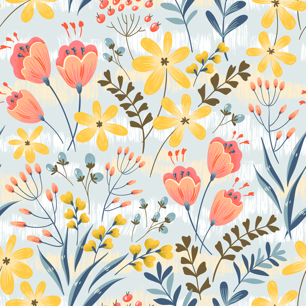 Floral Pattern with Colorful Blooming Flowers
