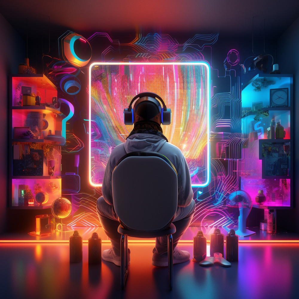 Futuristic Gamer Portrait in Neon Environment