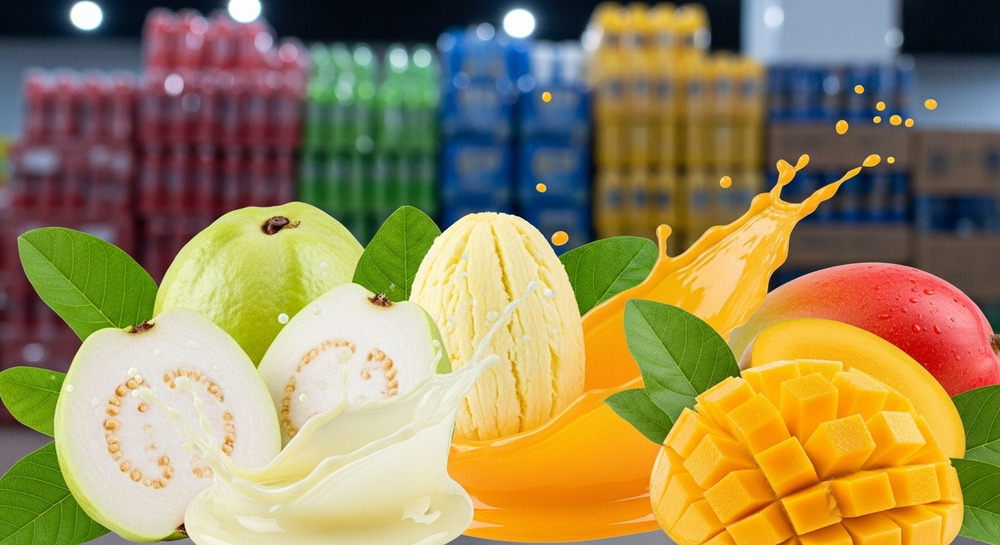 Fresh Tropical Fruits Display with Mango and Guava