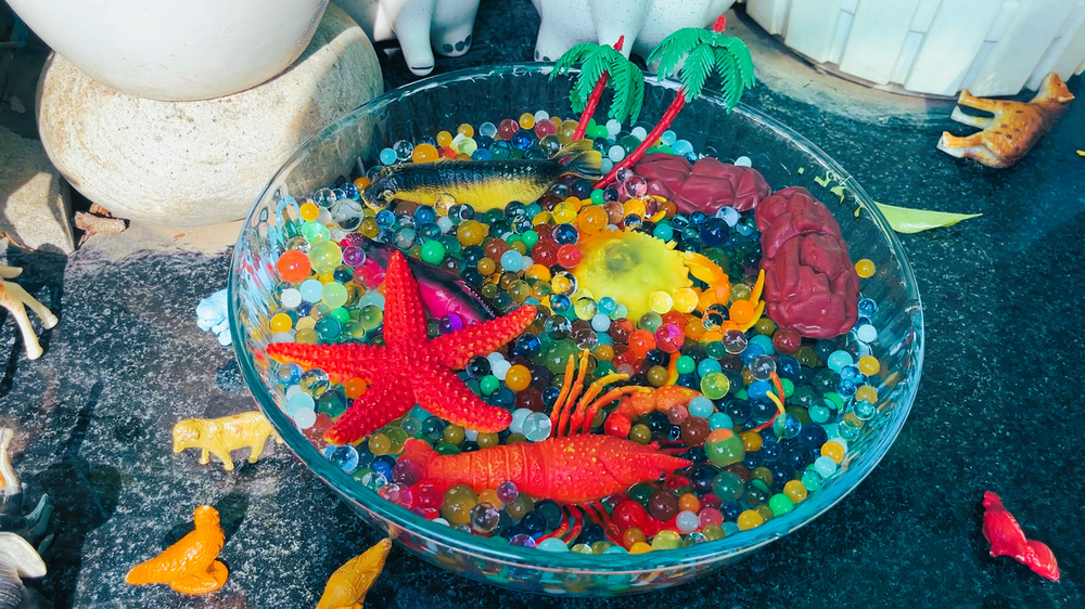 Colorful Aquarium with Toys and Decorative Marbles