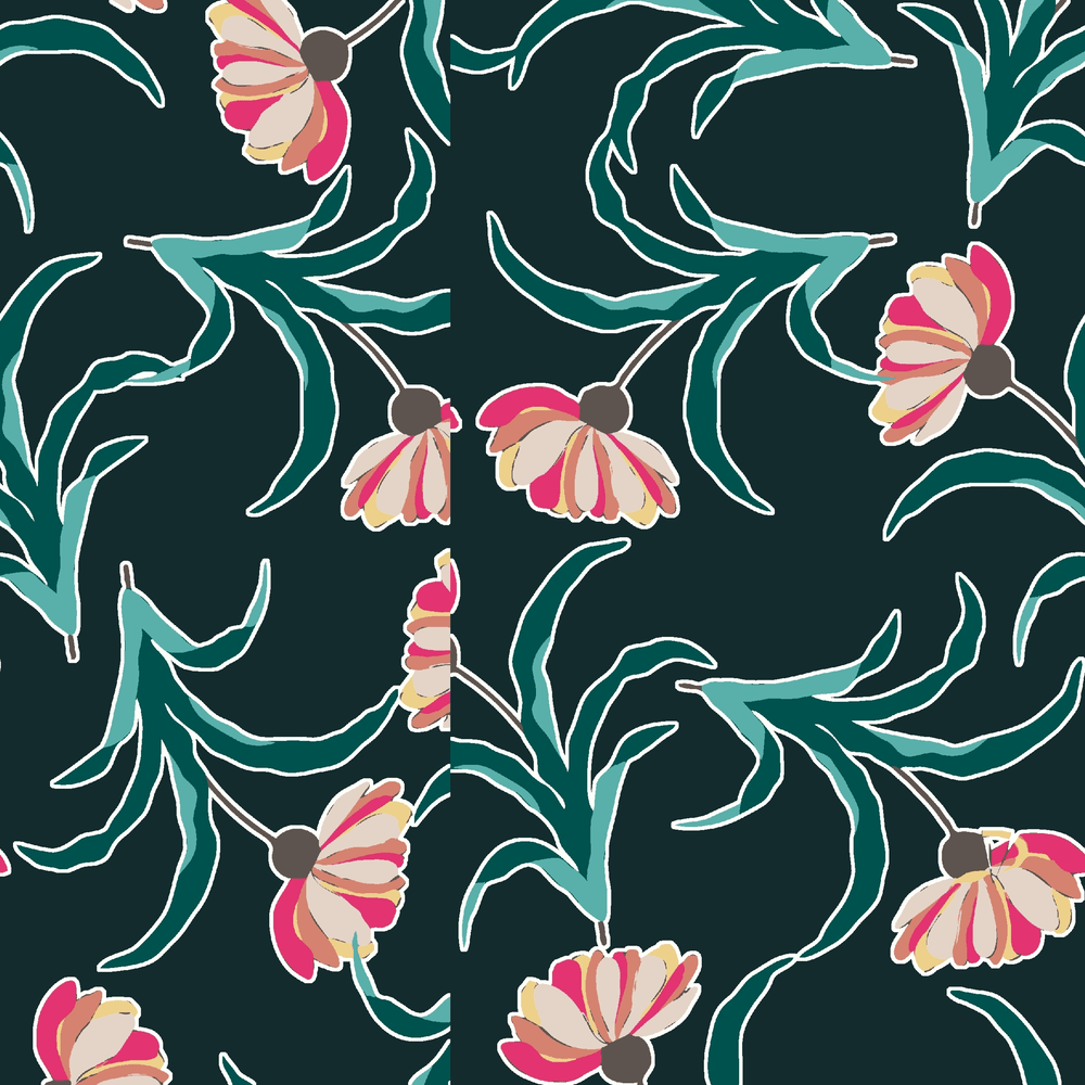 Floral Pattern with Vibrant Daisies on Dark Background