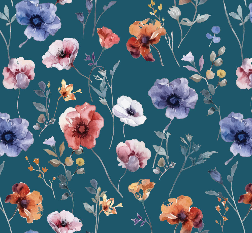 Colorful Floral Pattern on Teal Background