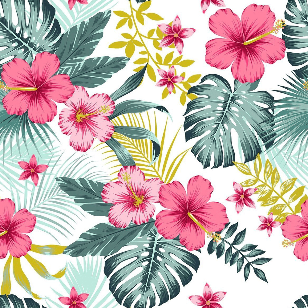 Tropical Hibiscus Flowers with Lush Greenery Pattern