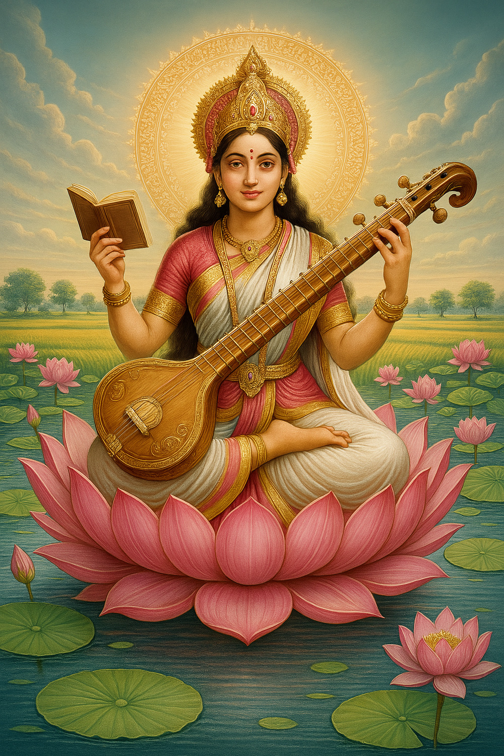 Goddess Saraswati Playing Veena on a Lotus