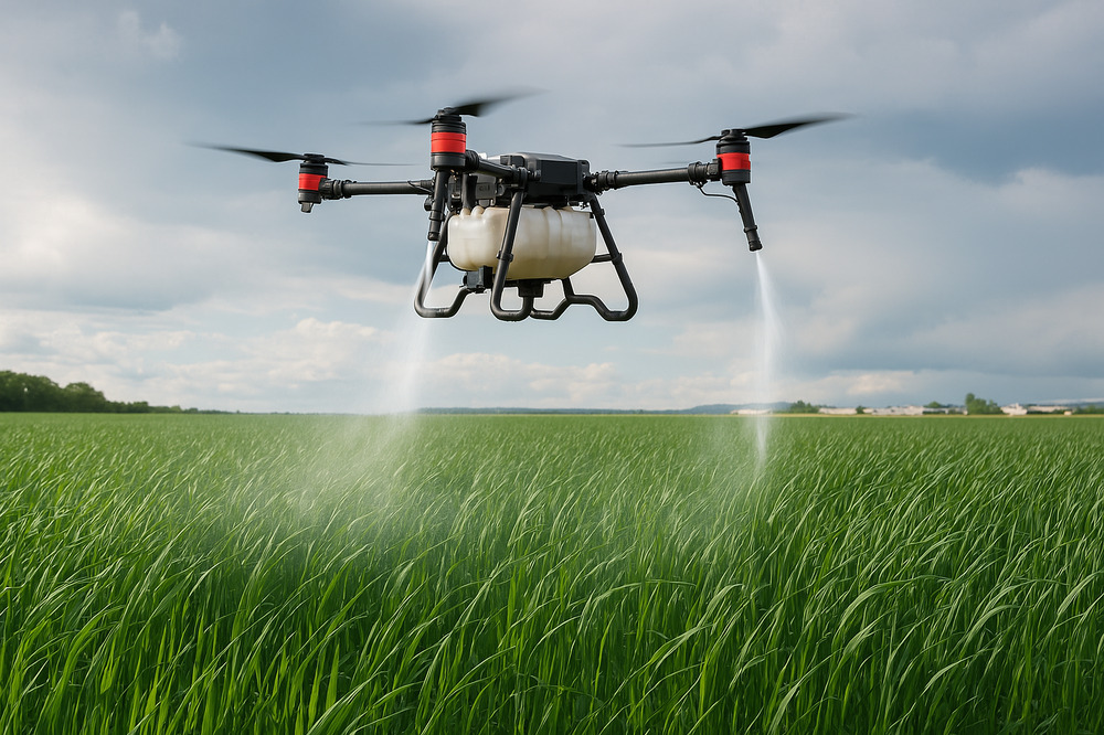 Agricultural Drone Spraying Fertilizer Over Green Field