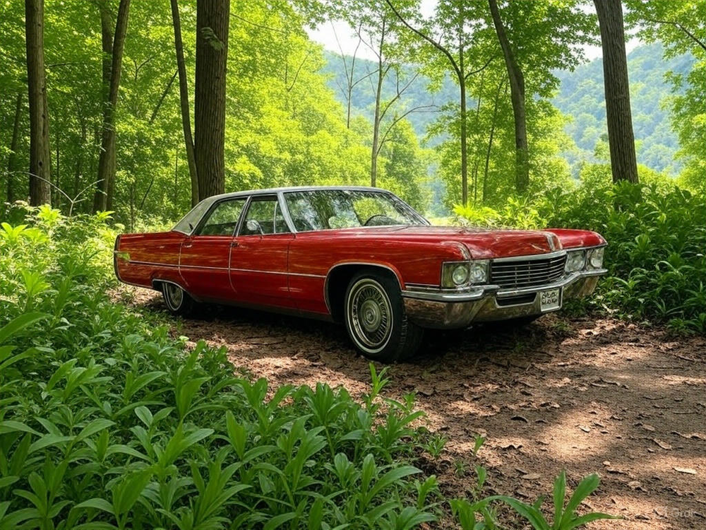 Classic Red Cadillac in Serene Forest