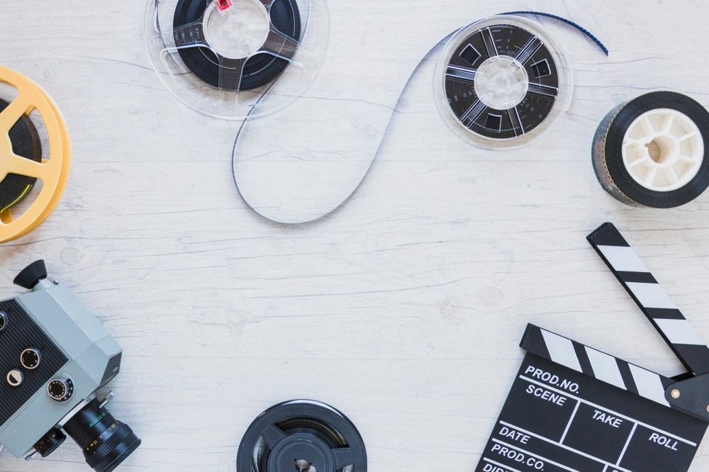 Film stocks and clippers on table
